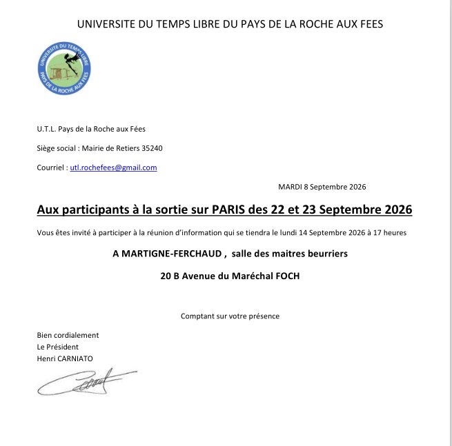 Sortie Paris 22 et 23 septembre 2026.